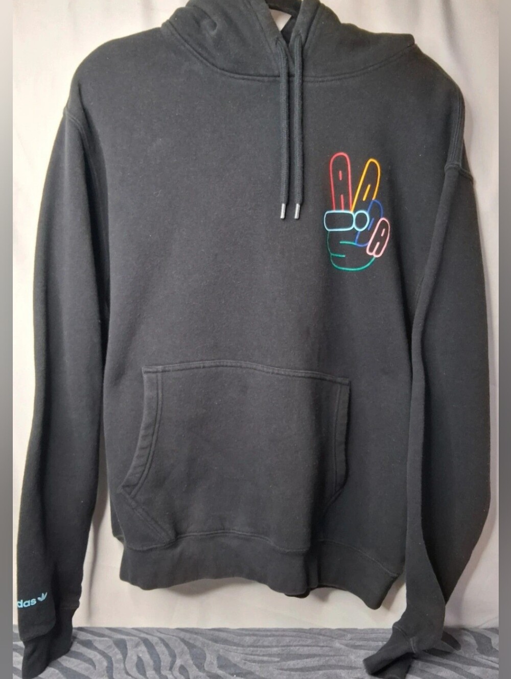 adidas Black Hoodie with Neon Peace Hand Graphic Mens Large